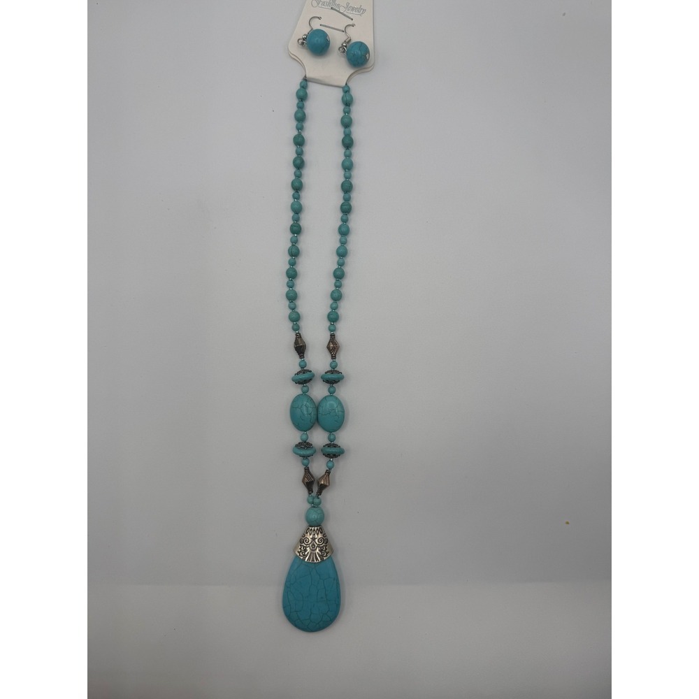 Turquoise Beaded Necklace and Earring Coord Set Boho‎ Statement Pendant Jewelry